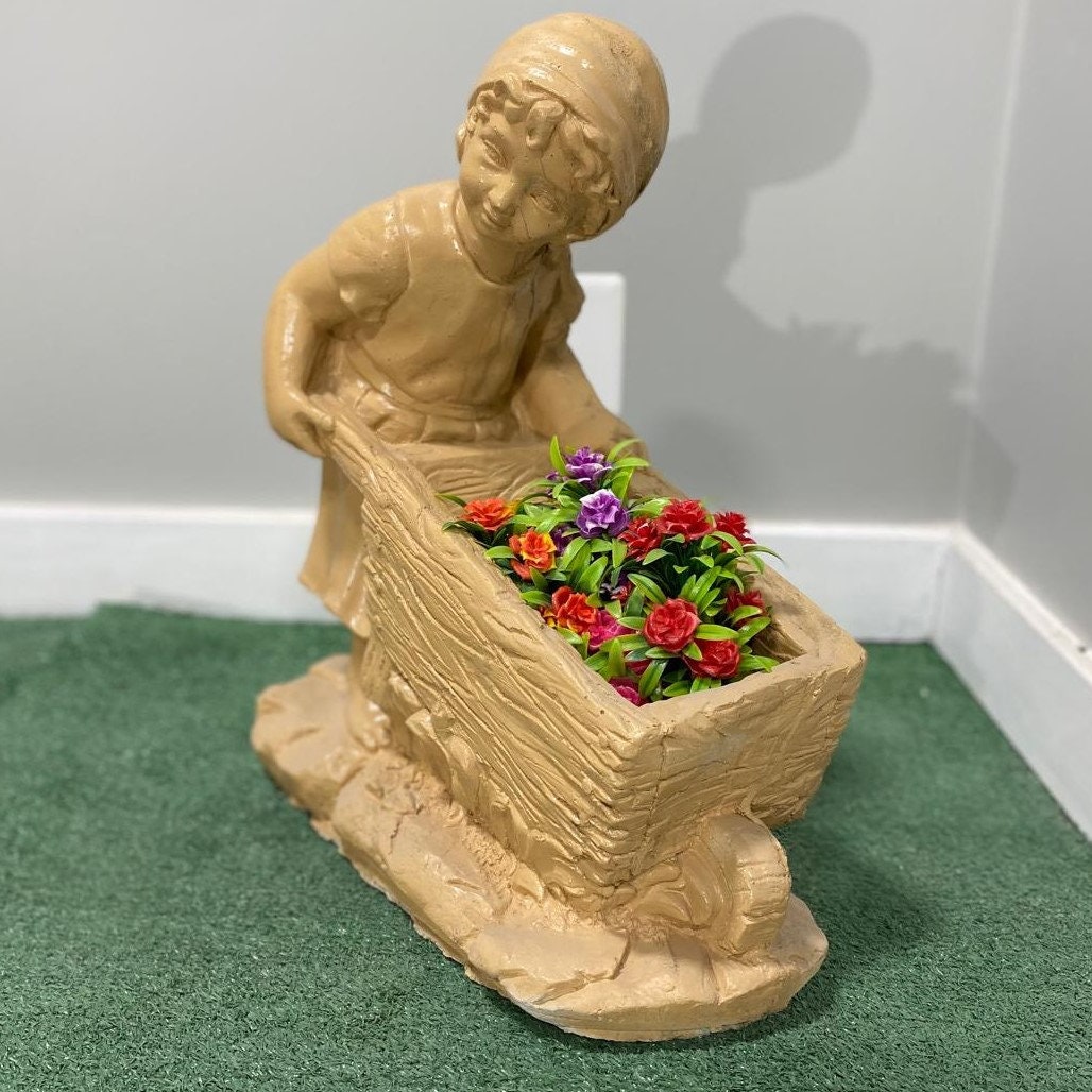20" Concrete Girl with Wheelbarrow Statue, Hand-Painted Flower Pot photo 3