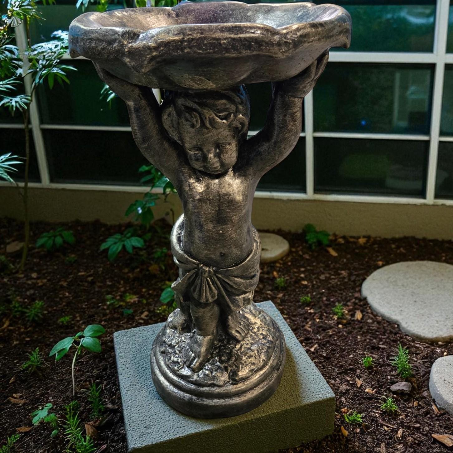 Handcrafted Concrete Boy Holding Birdbath Statue, Outdoor Garden Decor photo 9