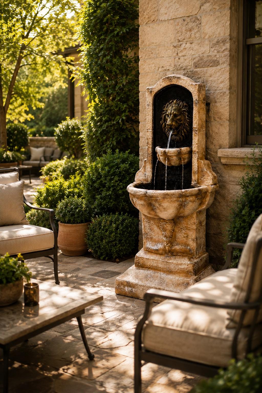 61-Inch Handmade Solid Concrete Lion Wall Fountain – Freestanding Estate Water Feature with Pump