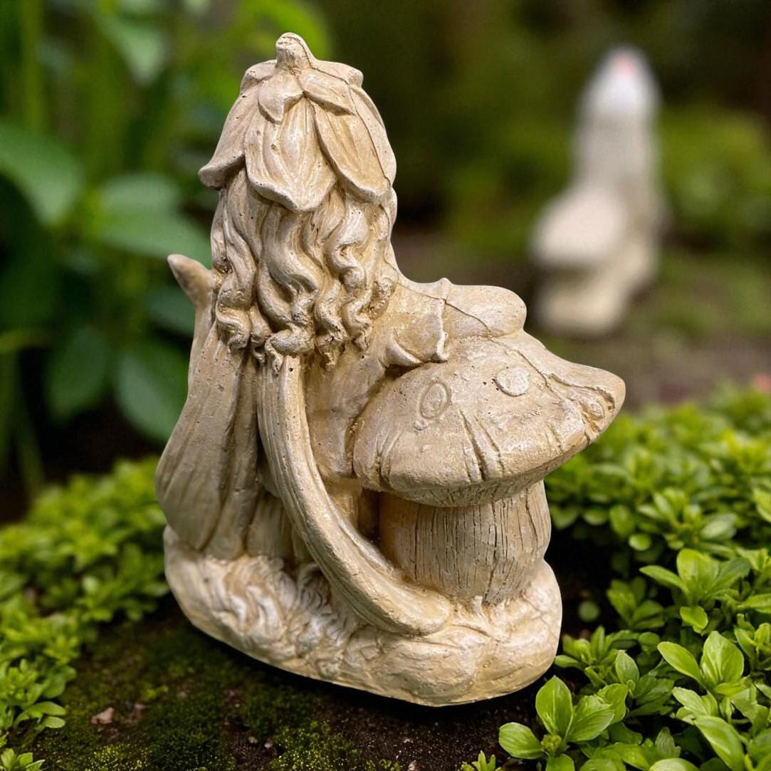 20" Large Concrete Garden Fairy on Mushroom Statue, Magical fairy tale decorations photo 7