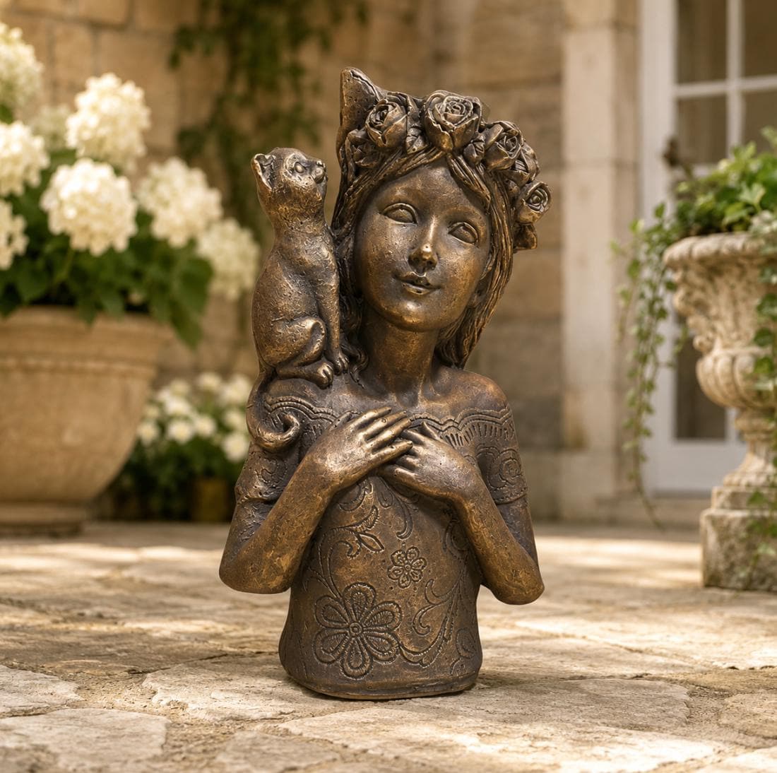 Rose Crown Girl Cat Statue, Hand-Painted Concrete Floral Sculpture, Cottage Garden Decor Yard Art photo 6