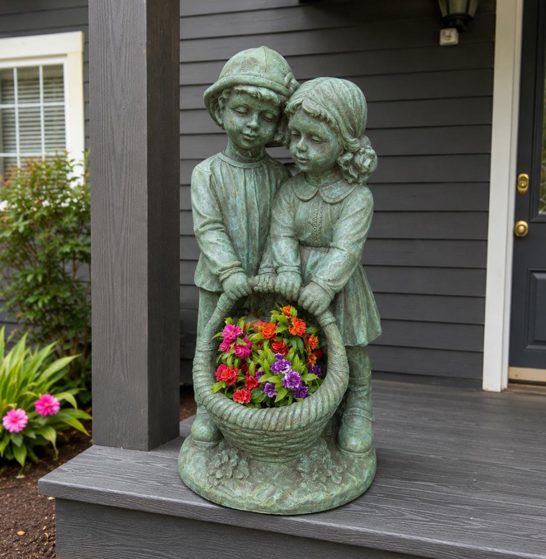28" Solid Concrete Siblings Statue, Handmade Garden Decor with Solar Light photo 2