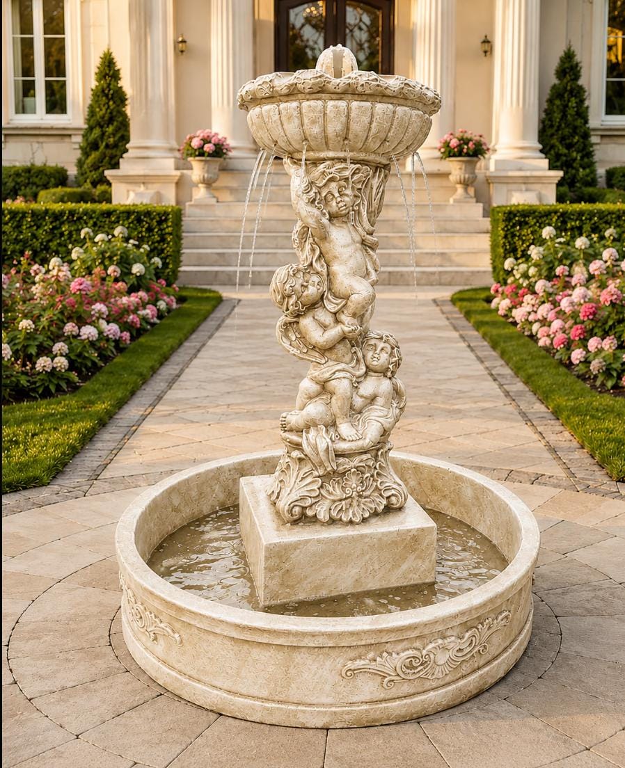 5 Ft Concrete Cherub Garden Fountain, Large Outdoor Water Feature, 4 Ft Basin, Estate Decor photo 4