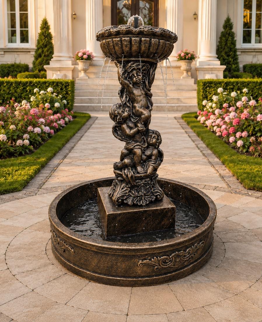 5 Ft Concrete Cherub Garden Fountain, Large Outdoor Water Feature, 4 Ft Basin, Estate Decor photo 2