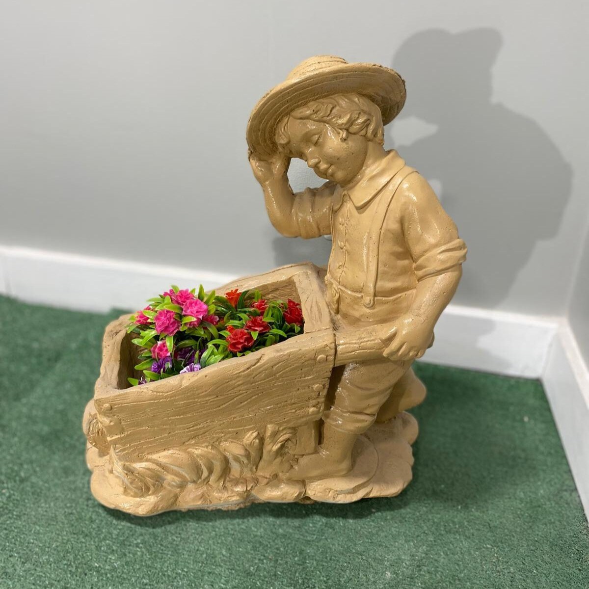 Concrete Boy with Wheelbarrow Statue, Hand-Painted Garden Decor (21 inch) photo 5