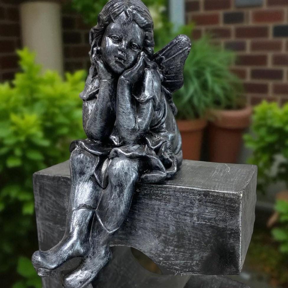 24" Concrete Sitting Angel Statue, Hand-Painted Garden Decor photo 10
