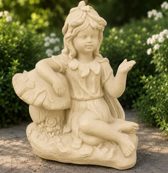 20" Large Concrete Garden Fairy on Mushroom Statue, Magical fairy tale decorations photo 2