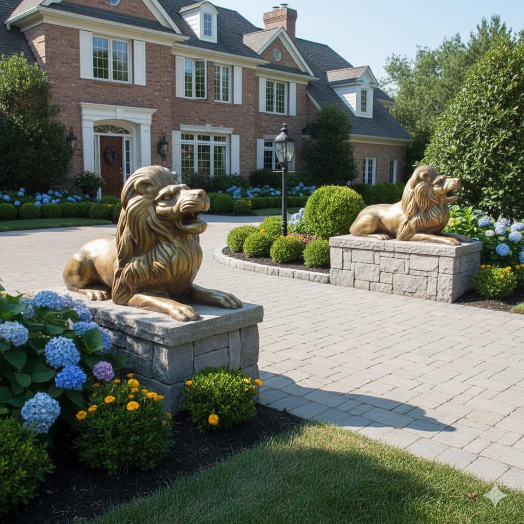 Pair of Concrete Lion Statues - Hand-Painted Outdoor Garden Decor photo 2