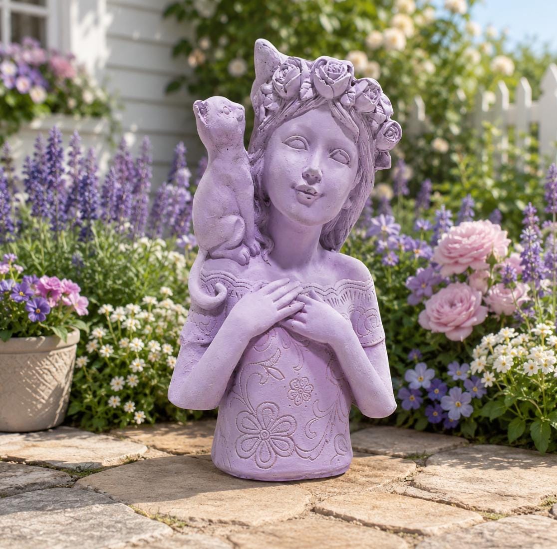 Rose Crown Girl Cat Statue, Hand-Painted Concrete Floral Sculpture, Cottage Garden Decor Yard Art photo 3