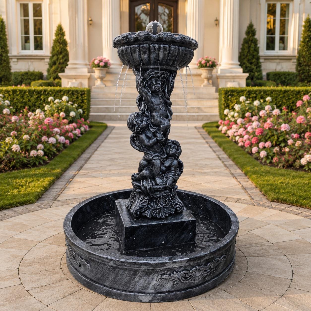 5 Ft Concrete Cherub Garden Fountain, Large Outdoor Water Feature, 4 Ft Basin, Estate Decor