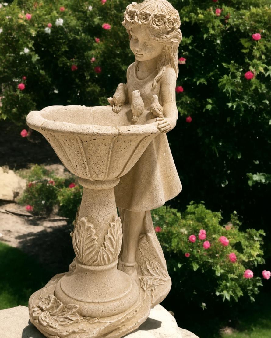 Handcrafted Concrete Girl with Bird Bath Garden Sculpture – Detailed Angelic Women Statue photo 4