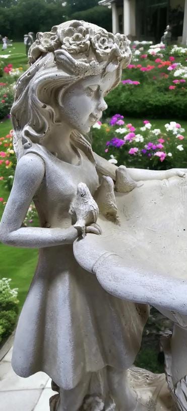 Handcrafted Concrete Girl with Bird Bath Garden Sculpture – Detailed Angelic Women Statue photo 7
