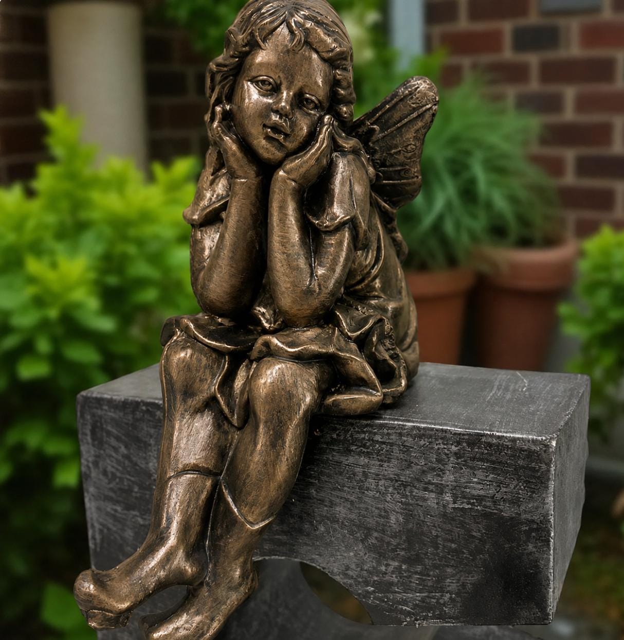 24" Concrete Sitting Angel Statue, Hand-Painted Garden Decor photo 4