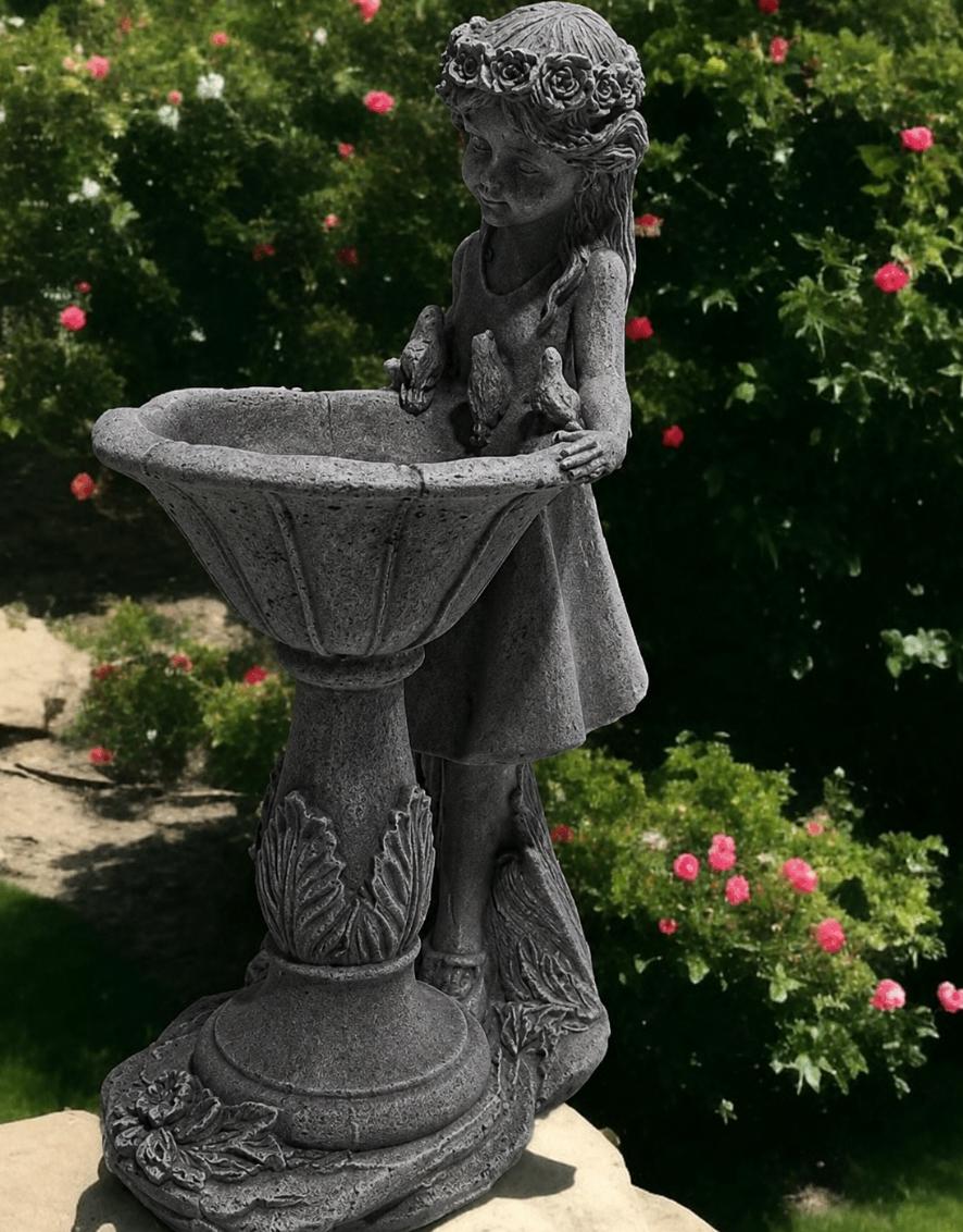 Handcrafted Concrete Girl with Bird Bath Garden Sculpture – Detailed Angelic Women Statue photo 10