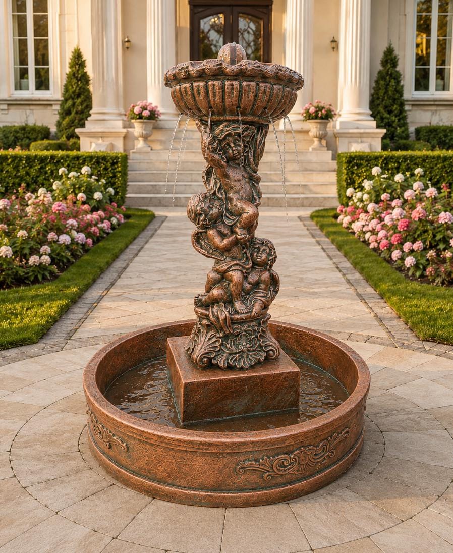5 Ft Concrete Cherub Garden Fountain, Large Outdoor Water Feature, 4 Ft Basin, Estate Decor photo 6