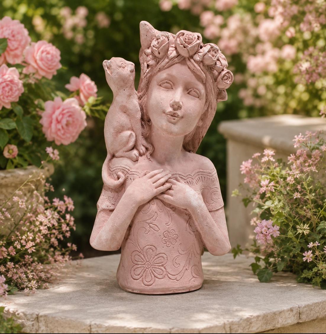 Rose Crown Girl Cat Statue, Hand-Painted Concrete Floral Sculpture, Cottage Garden Decor Yard Art