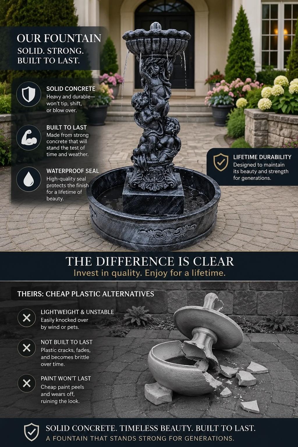 5 Ft Concrete Cherub Garden Fountain, Large Outdoor Water Feature, 4 Ft Basin, Estate Decor photo 9