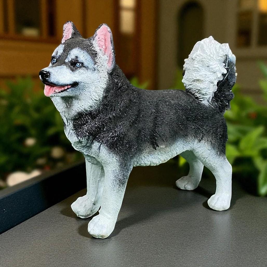 Hand-Painted Concrete Husky Puppy Statue, Pet Memorial Gift