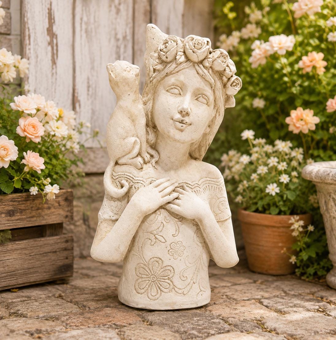 Rose Crown Girl Cat Statue, Hand-Painted Concrete Floral Sculpture, Cottage Garden Decor Yard Art photo 2