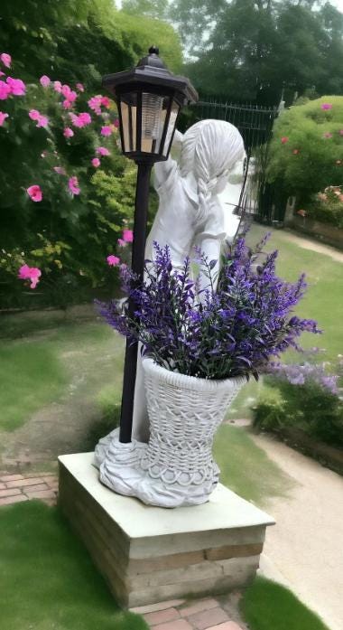 Cement Flower Girl Statue with Urn Planter – Antique Finish Garden Sculpture, Solar Light photo 9