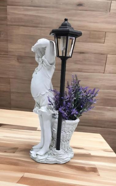 Cement Flower Girl Statue with Urn Planter – Antique Finish Garden Sculpture, Solar Light photo 10