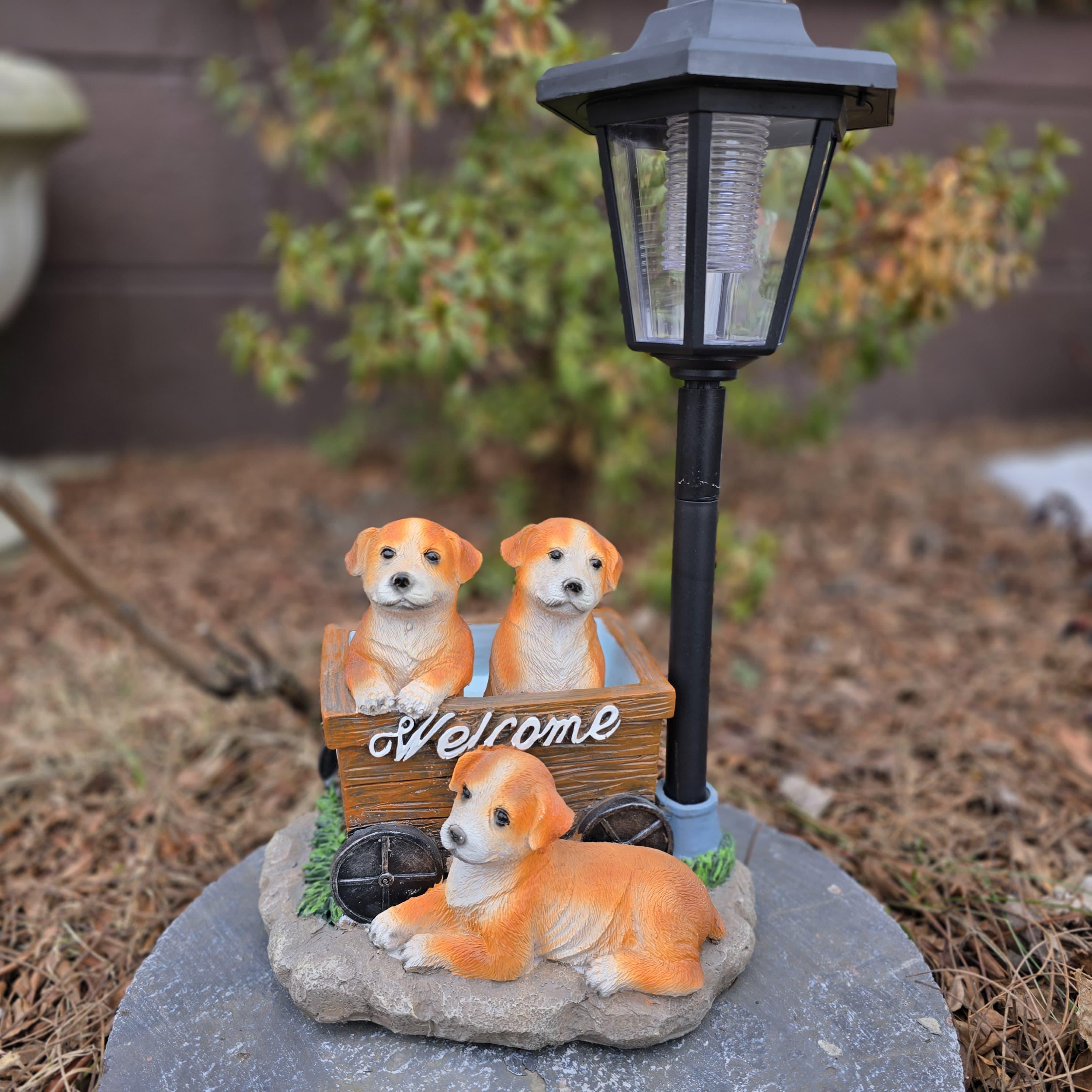 Solar Dog Garden Statue – Hand-Painted Puppy Welcome Plaque