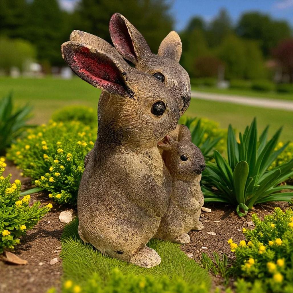 Concrete Rabbit Family Statue, Weatherproof Garden Decor, 9 inch photo 2