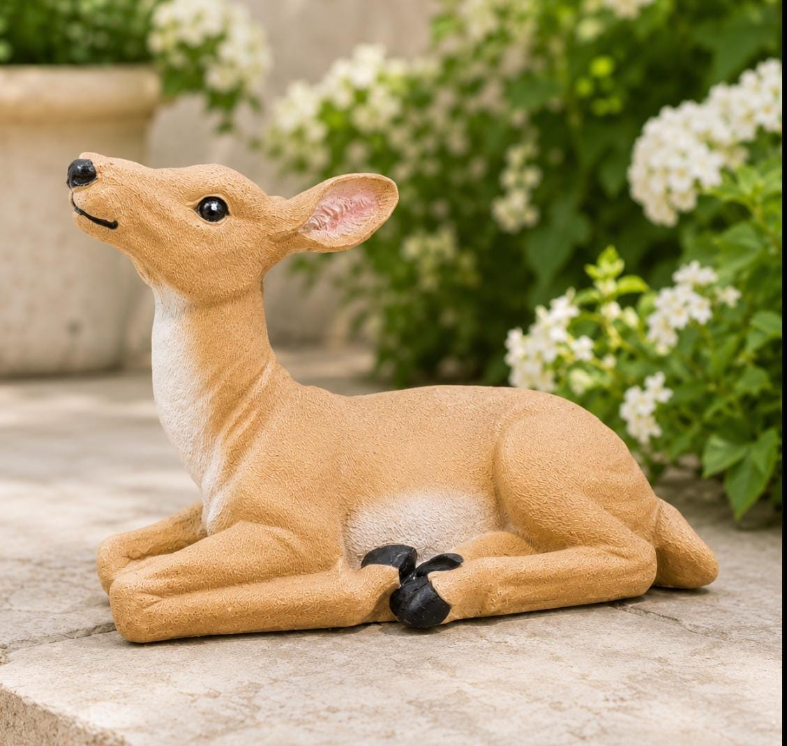 Solid Concrete Child Deer Statue, Hand-Painted Garden Decor, Weather-Proof Lawn Ornament