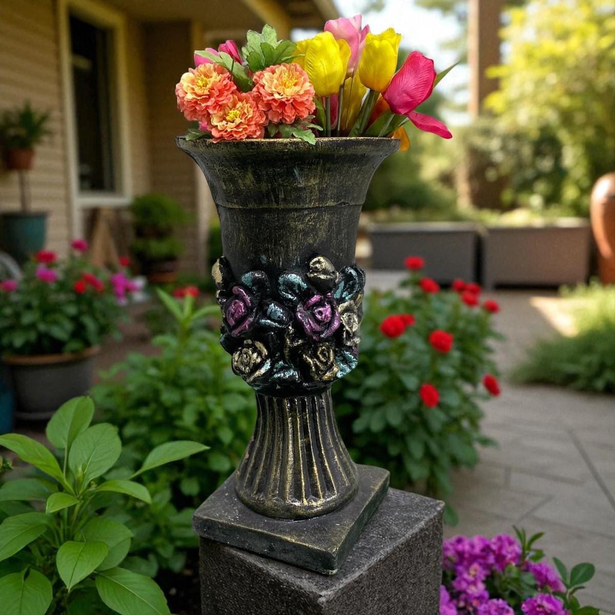 Large Solid Concrete Rosenstein Urn Planter, Outdoor Garden Decor (23 inch)