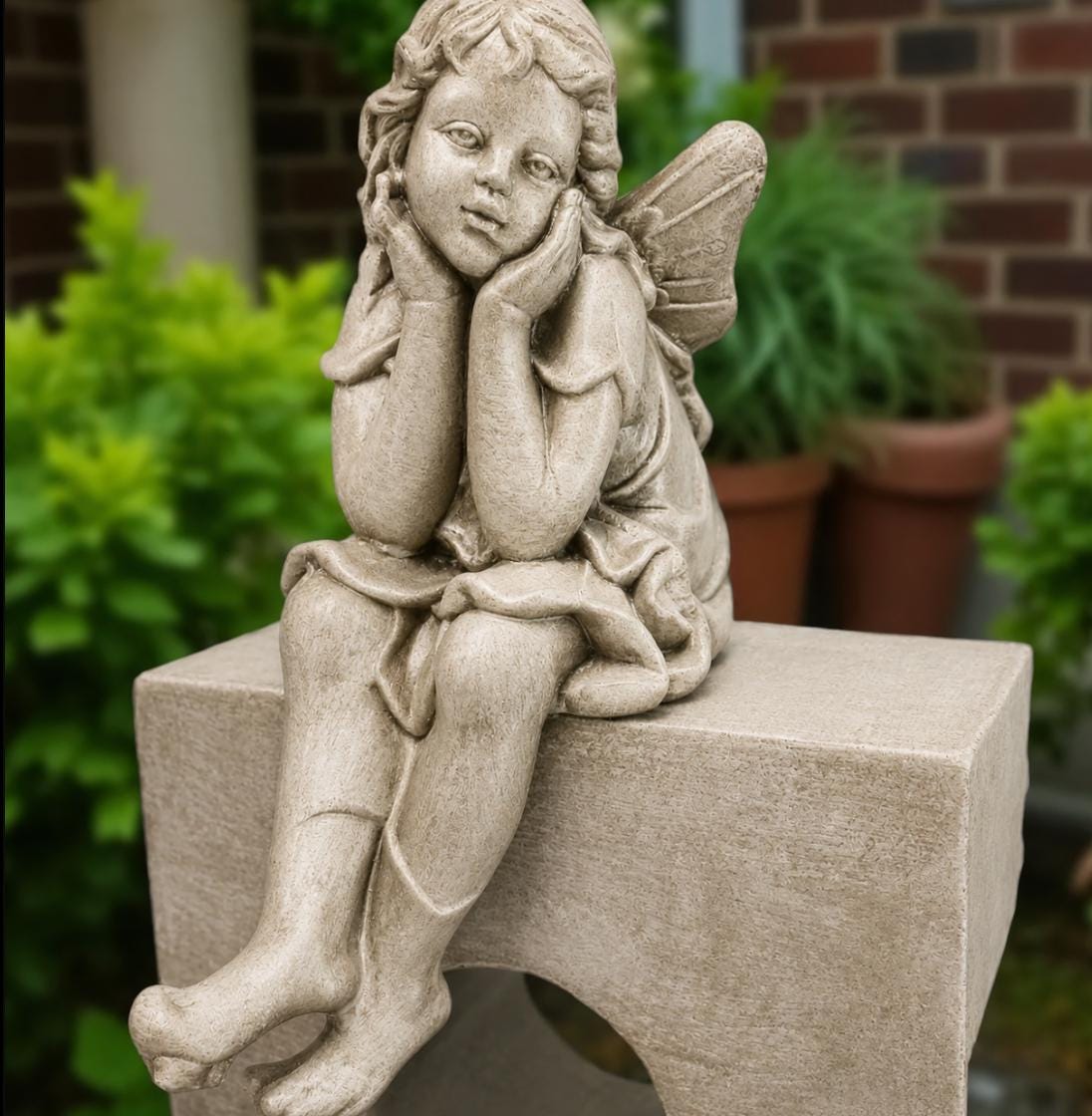 24" Concrete Sitting Angel Statue, Hand-Painted Garden Decor photo 2