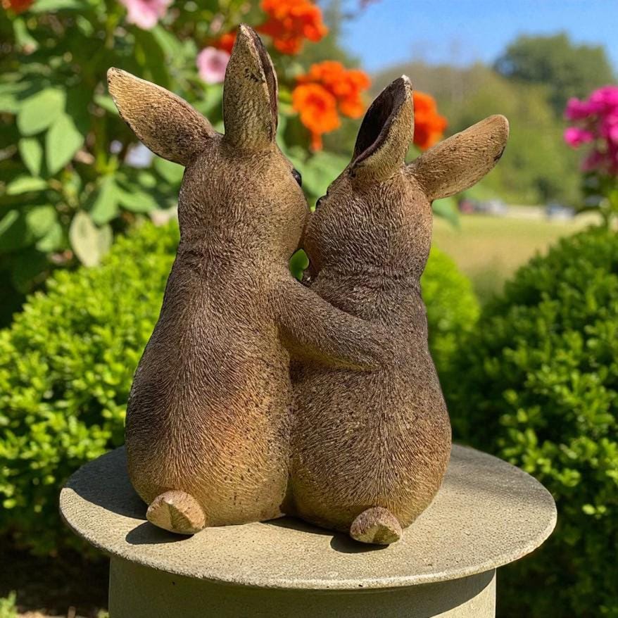 Concrete Rabbit Family Statue, Weatherproof Garden Decor, 9 inch photo 3