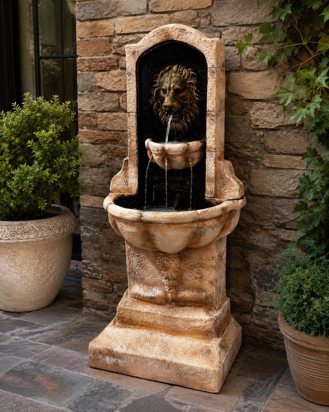 61-Inch Handmade Solid Concrete Lion Wall Fountain – Freestanding Estate Water Feature with Pump photo 7
