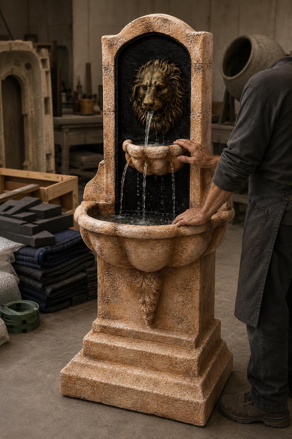 61-Inch Handmade Solid Concrete Lion Wall Fountain – Freestanding Estate Water Feature with Pump photo 4