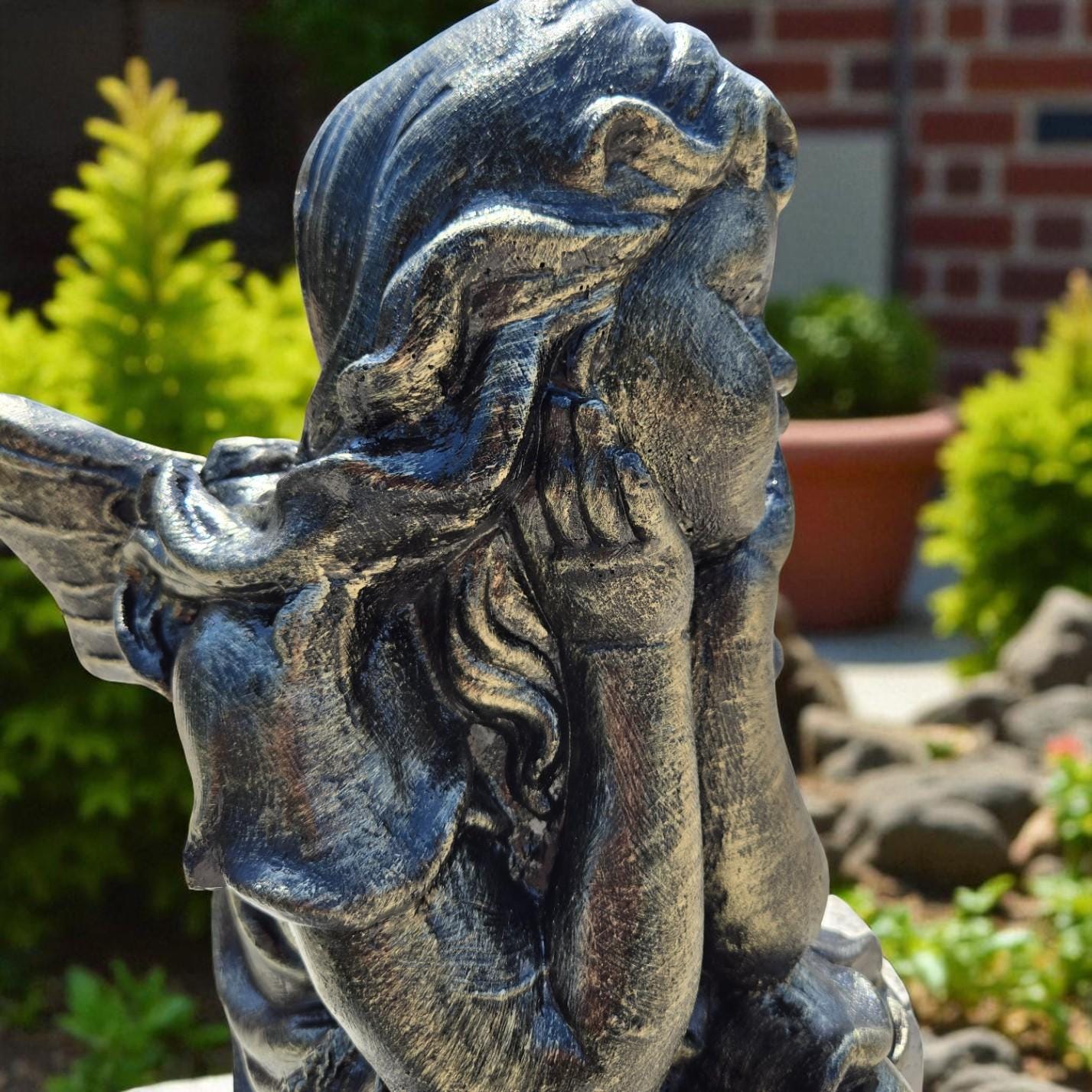 24" Concrete Sitting Angel Statue, Hand-Painted Garden Decor photo 9