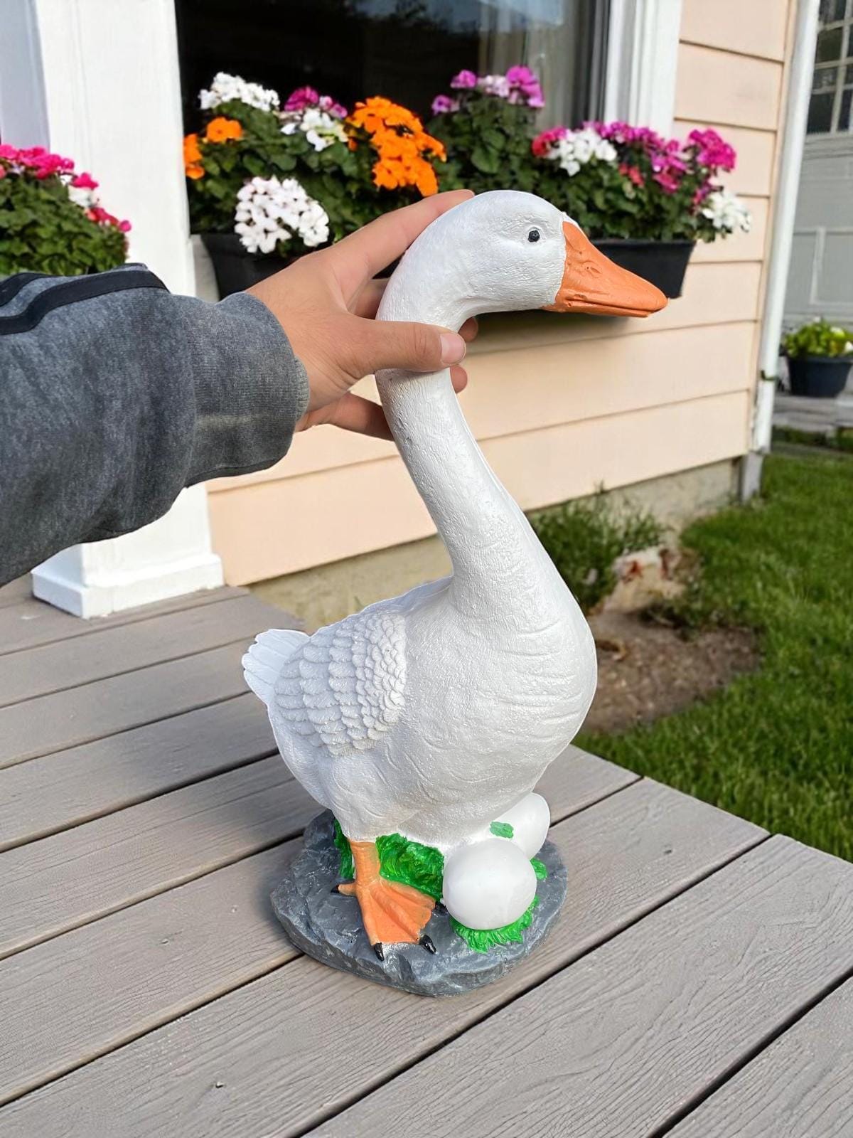 19-Inch Cement Porch Goose Statue, Handmade Heavy Outdoor Dress-Up Garden Decor, Durable all-season concrete Geese sculptures photo 2
