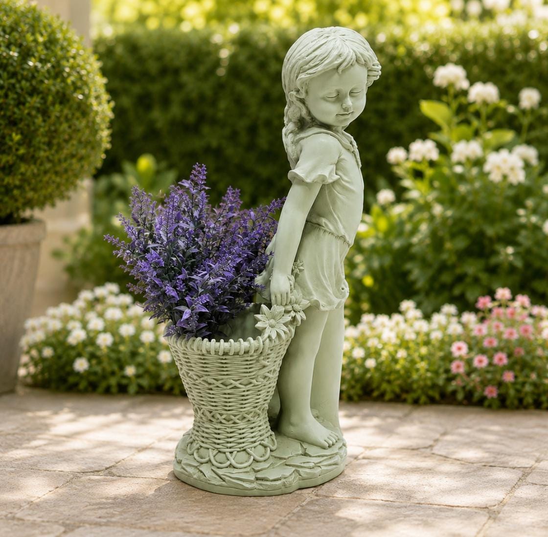 Cement Flower Girl Statue with Urn Planter – Antique Finish Garden Sculpture, Solar Light photo 5