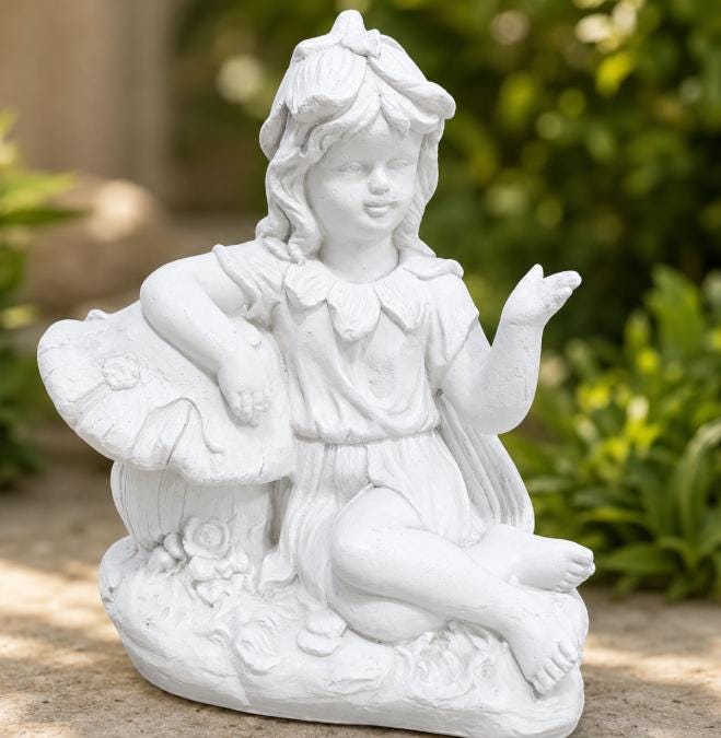 20" Large Concrete Garden Fairy on Mushroom Statue, Magical fairy tale decorations
