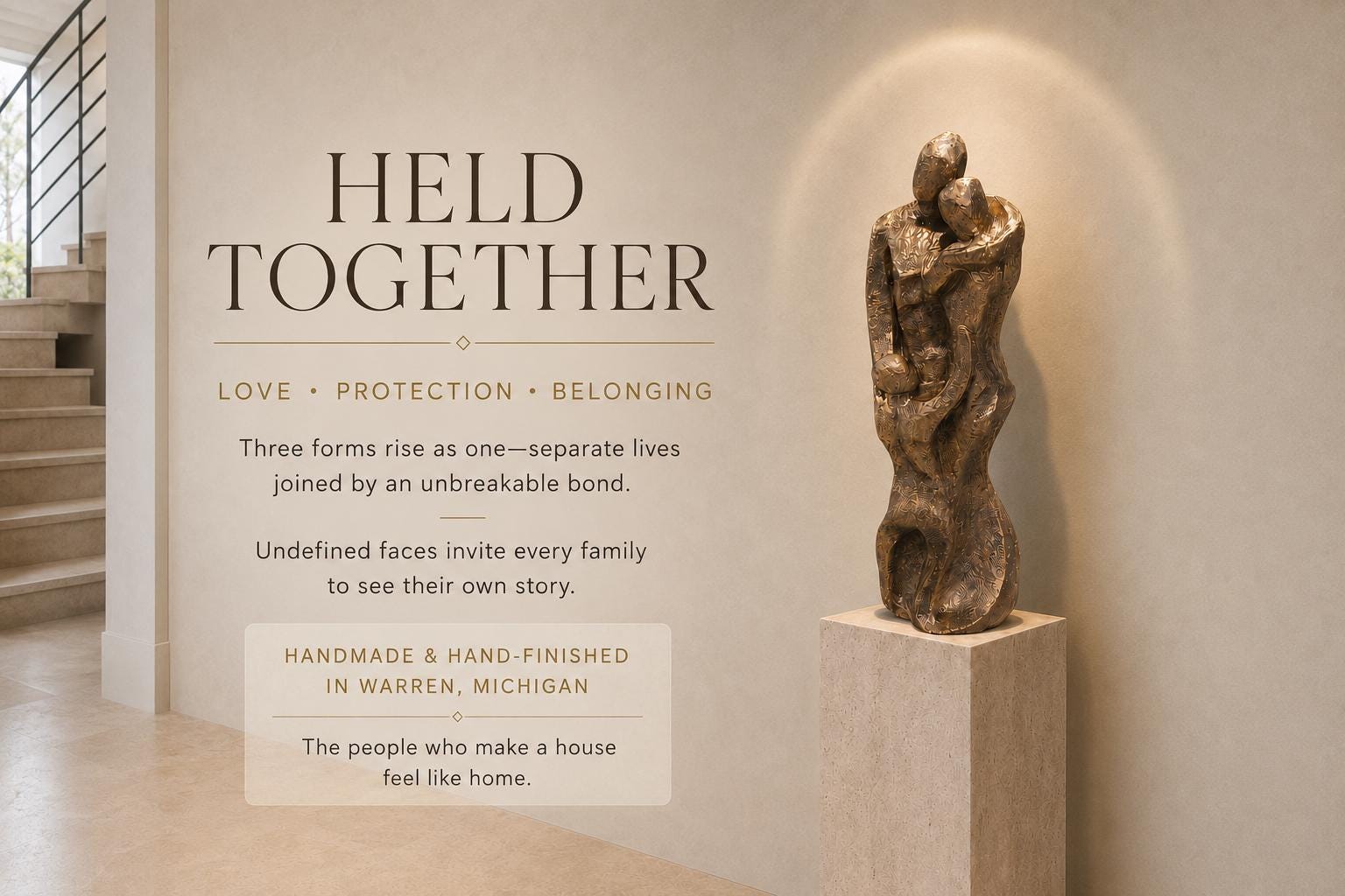 24-Inch Heirloom Bronze Solid Concrete Family Sculpture: Handmade Abstract Parent and Child Embrace Statue photo 5
