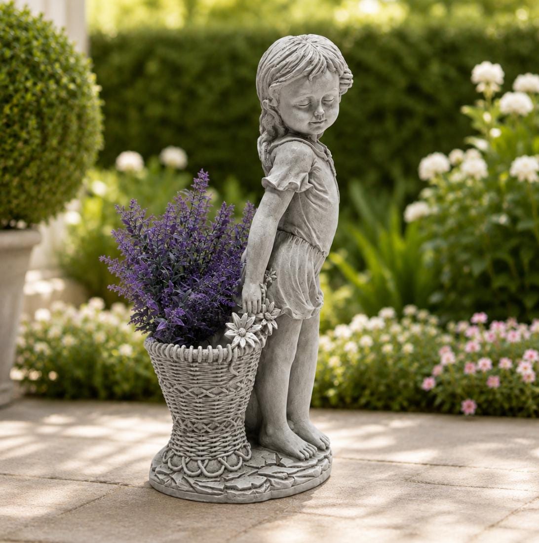 Cement Flower Girl Statue with Urn Planter – Antique Finish Garden Sculpture, Solar Light photo 3