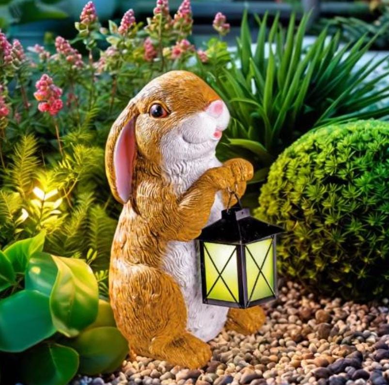 Bunny Garden Statue – Resin Rabbit with Lantern, Outdoor Decor