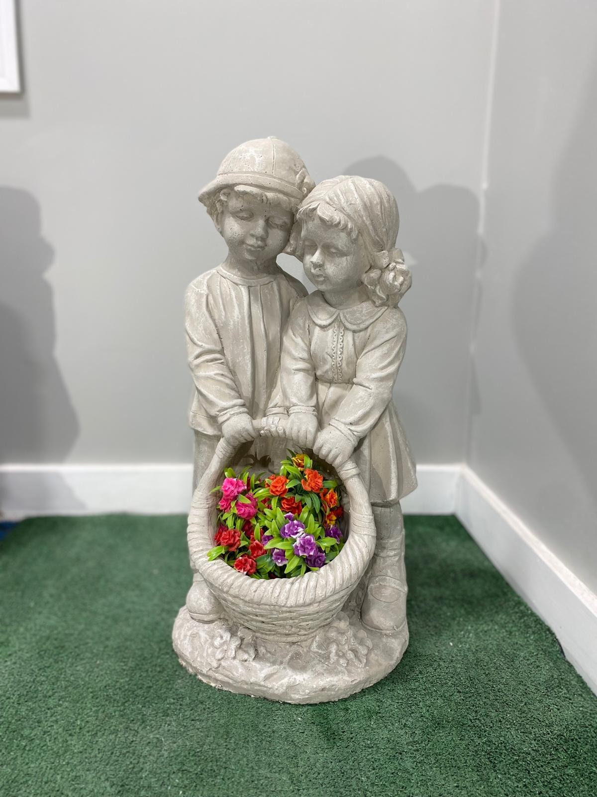 28" Solid Concrete Siblings Statue, Handmade Garden Decor with Solar Light photo 7