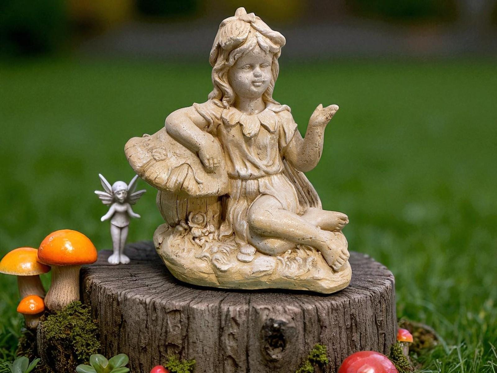 20" Large Concrete Garden Fairy on Mushroom Statue, Magical fairy tale decorations photo 9