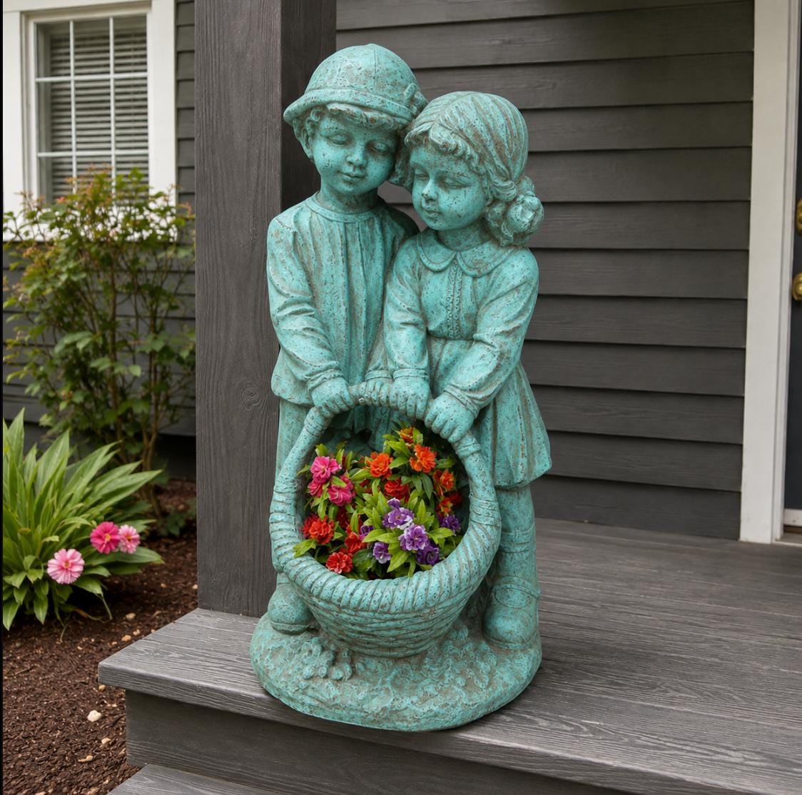 28" Solid Concrete Siblings Statue, Handmade Garden Decor with Solar Light photo 3
