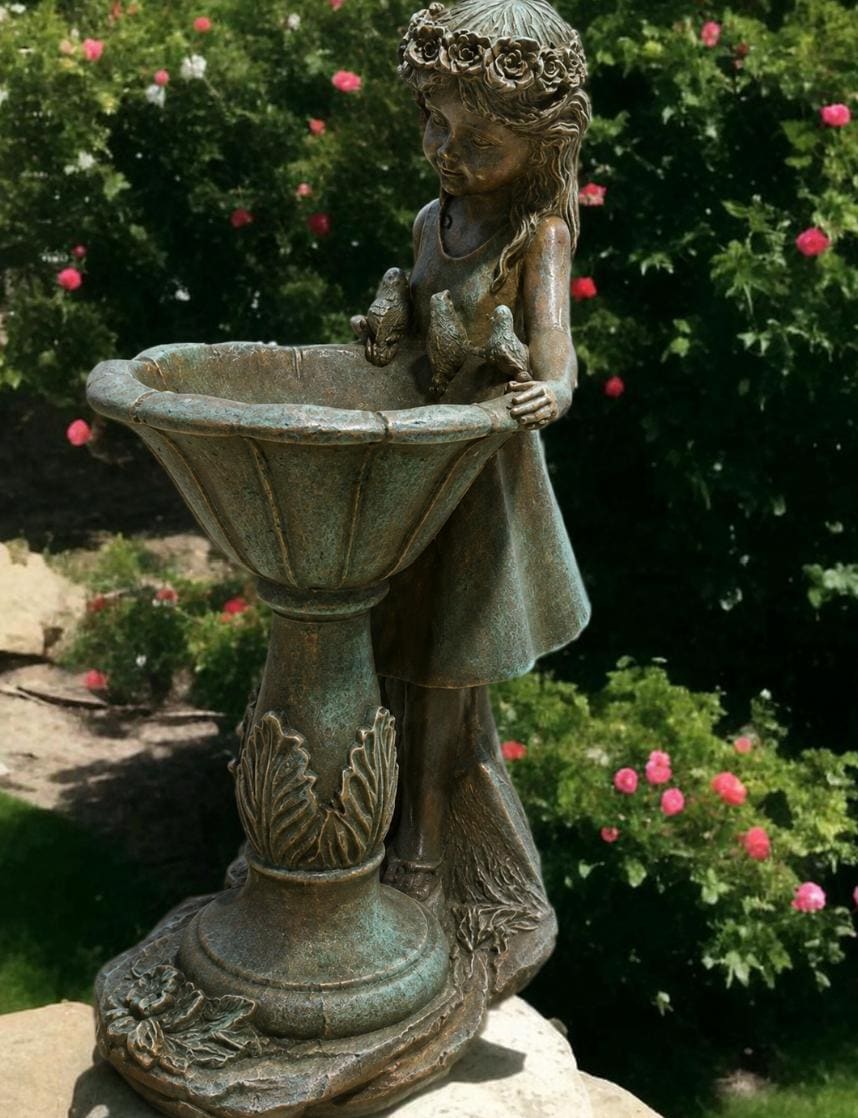 Handcrafted Concrete Girl with Bird Bath Garden Sculpture – Detailed Angelic Women Statue photo 3