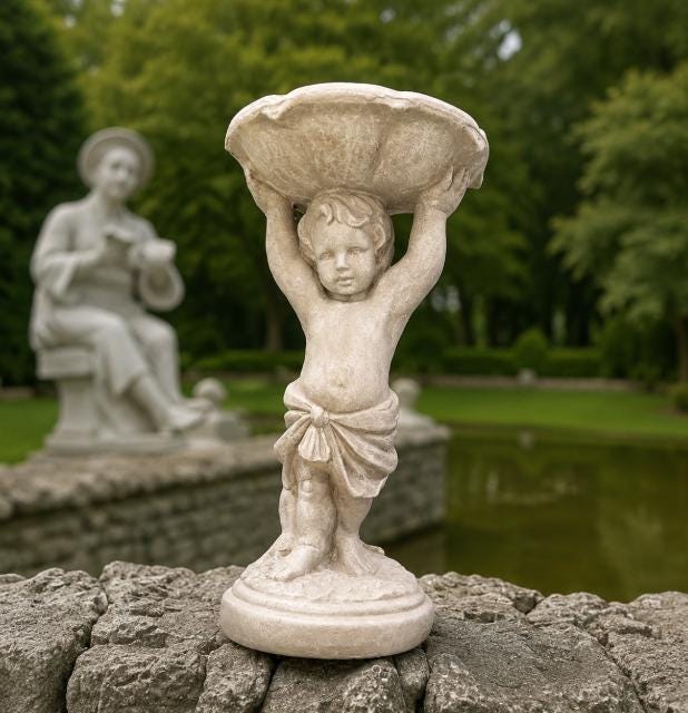 Handcrafted Concrete Boy Holding Birdbath Statue, Outdoor Garden Decor photo 2