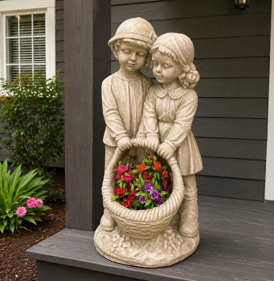 28" Solid Concrete Siblings Statue, Handmade Garden Decor with Solar Light photo 6