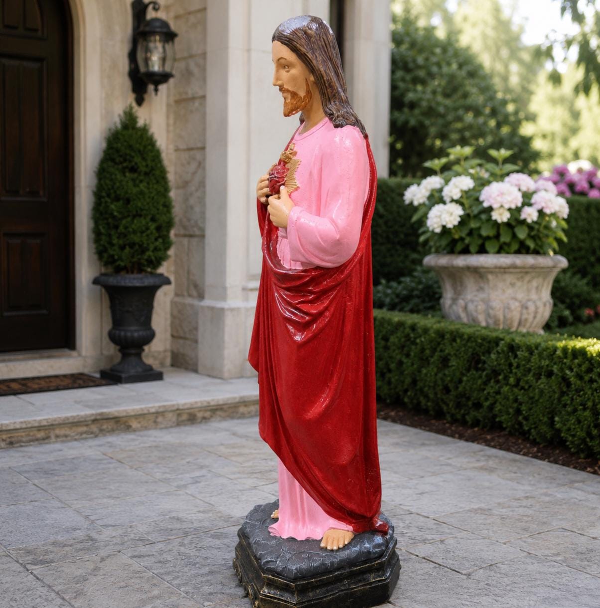 Large 48" Sacred Heart of Jesus Statue | Hand-Painted Solid Concrete Catholic Garden Decor photo 2