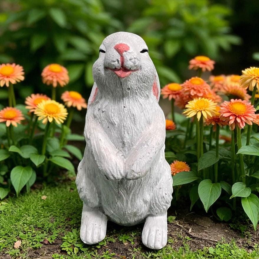 Hand-Painted Concrete Smiling Rabbit Statue, Garden Decor (12.5 inch) photo 7
