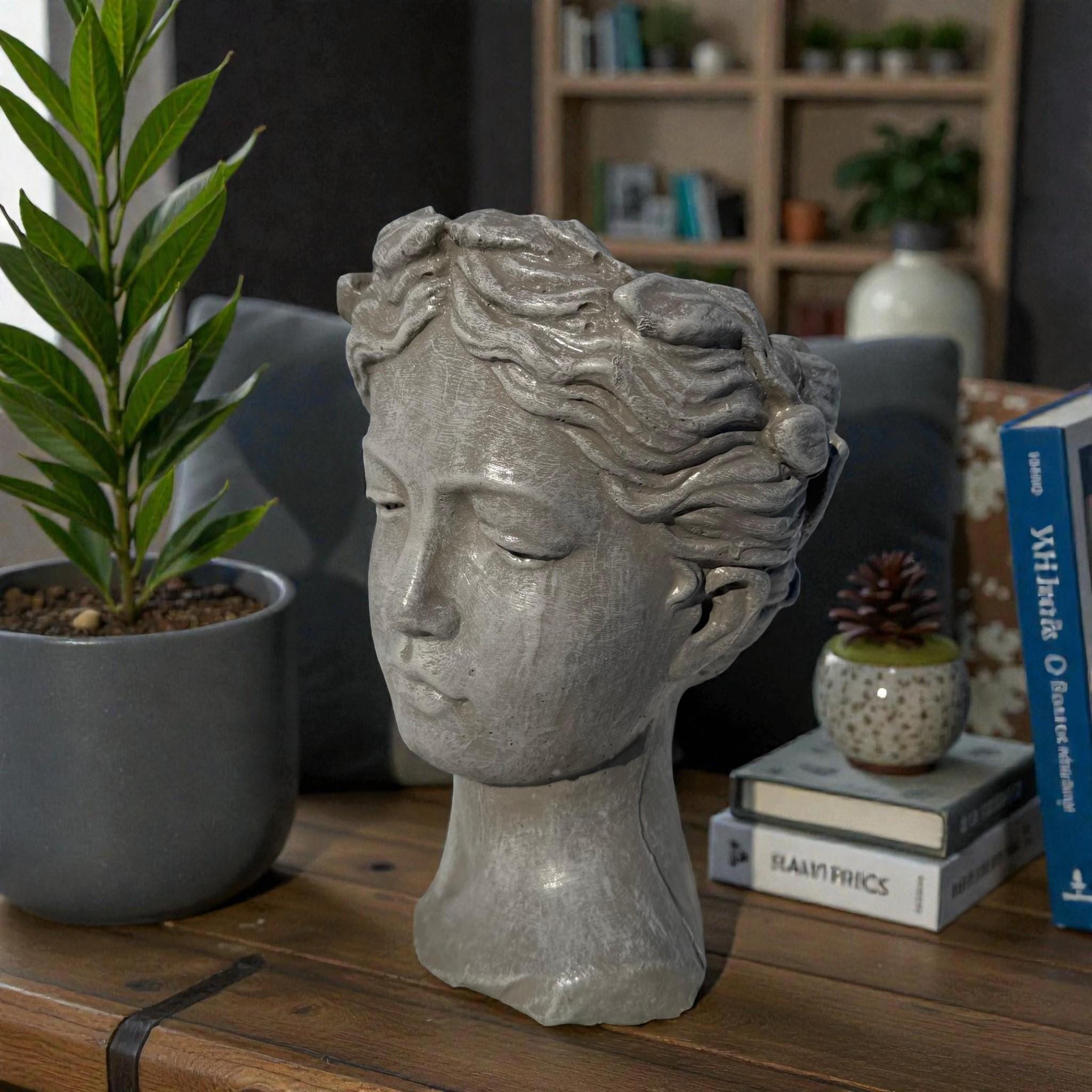 Concrete Head Planter, Fine Stone Finish, Garden Statue Gift photo 7