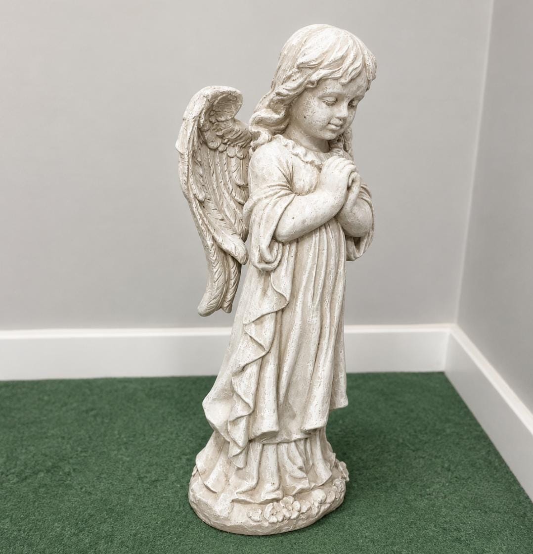 Large 26" Concrete Praying Angel Statue, Antique Stone Garden Decor photo 6